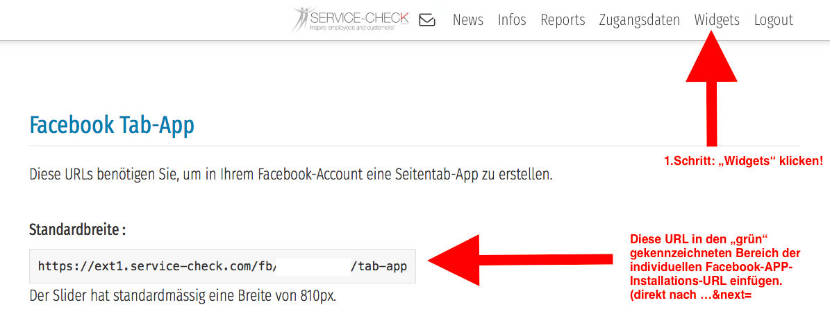 So finden Sie in Ihrem Klienten-Account Ihre individuelle Facebook-Tab-App-URL. 