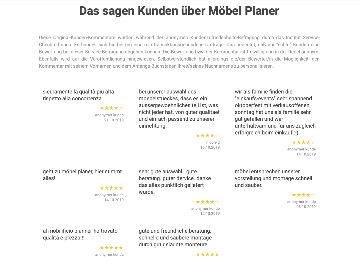 Ausschnitt der begeisterten Kundenbewertungen von Möbel Planer