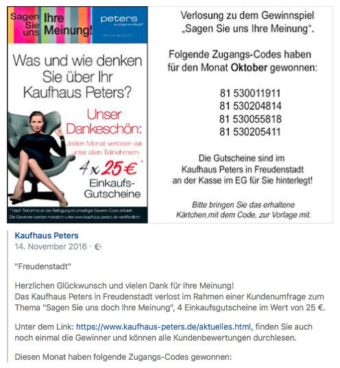 Gewinnerbekanntgabe via facebook am Beispiel "Kaufhaus Peters".