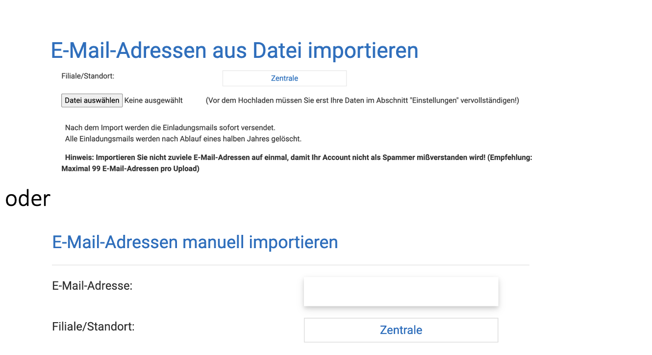 Vorschau - Sie haben die Wahl "Upload E-Mail-Adress-Datei" oder "Manueller Versand"