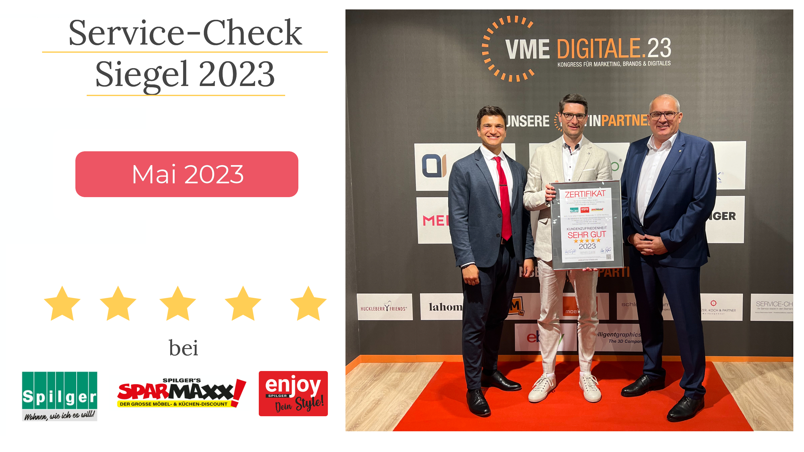 Feierliche Auszeichnung von Wohn-Center Spilger mit dem Service-Check Siegel 2023 auf dem VME-Digitalkongress in Bielefeld (Personen von l.n.r.: Pablo C. Gräfrath - Geschäftsführer Institut Service-Check, Bernd Spilger - Geschäftsführer Wohn-Center Spilger, Frank Stratmann - Geschäftsführer VME Einrichtungsgruppe)