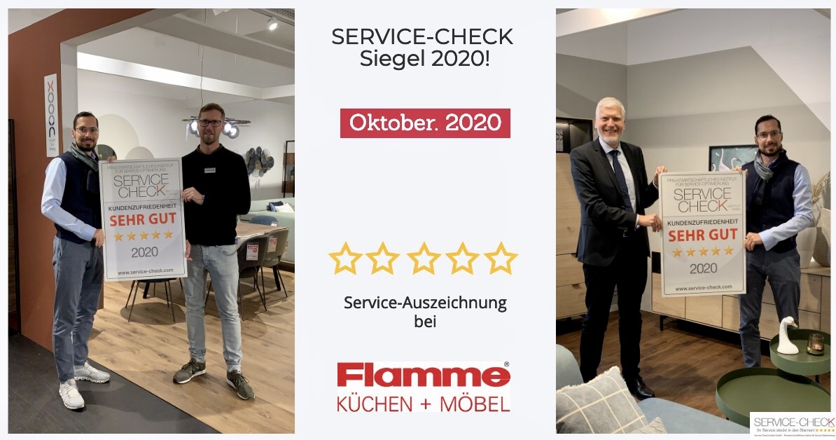 Flamme Möbel + Küchen - Geschäftsführer Herr Harald Sennebogen und Standortleiter (Bremen) Herr Thomas Dannenfeldt empfangen stolz das SERVICE-CHECK Siegel 2020