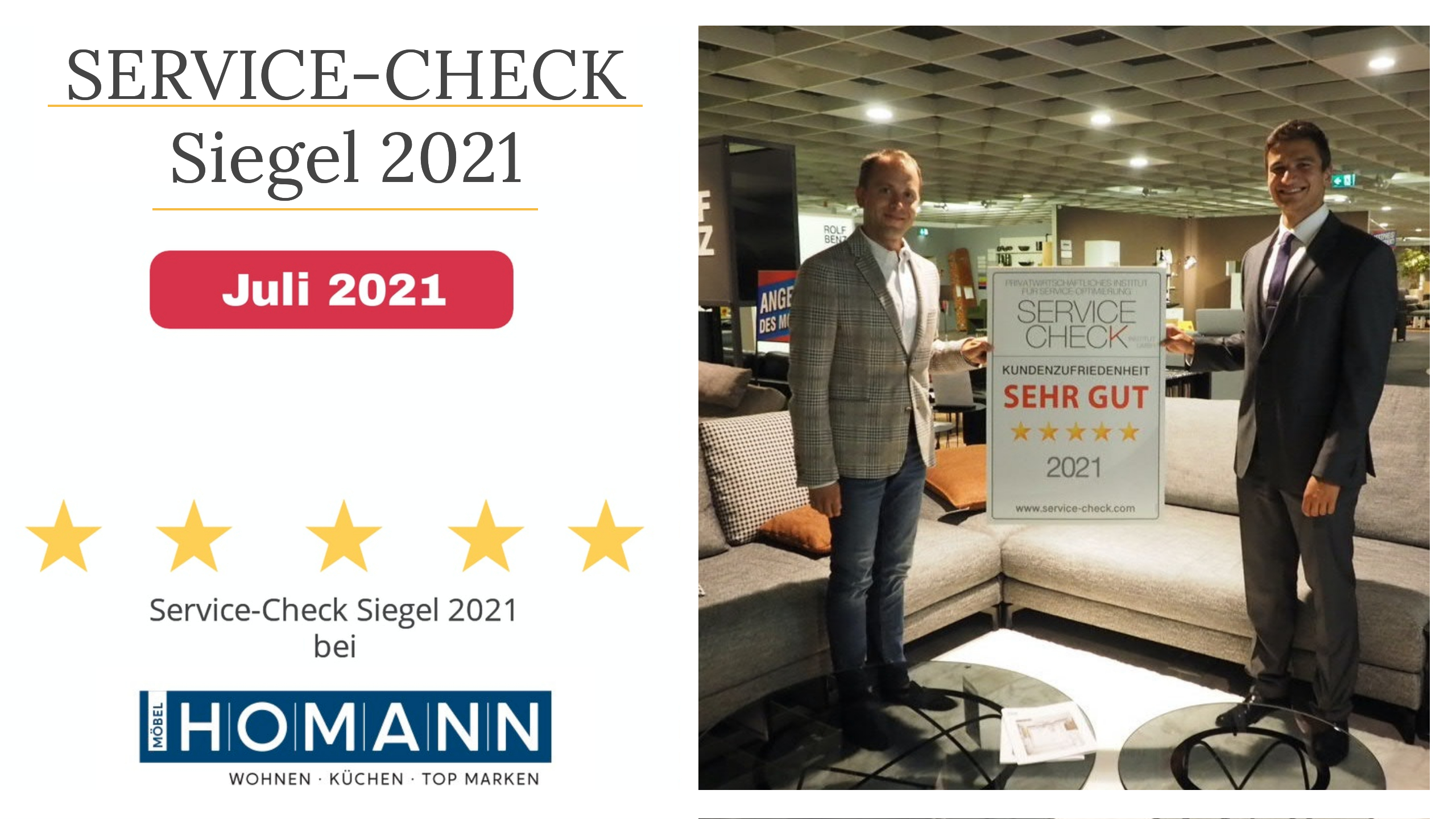 Möbel Homann - Geschäftsführer Herr Felix Homann empfängt stolz das SERVICE-CHECK Siegel 2021 für besonders hohe Kundenzufriedenheit  (Personen von l.n.r.: Felix Homann - Geschäftsführer Möbel Homann, Pablo C. Gräfrath - Möbel Homann)