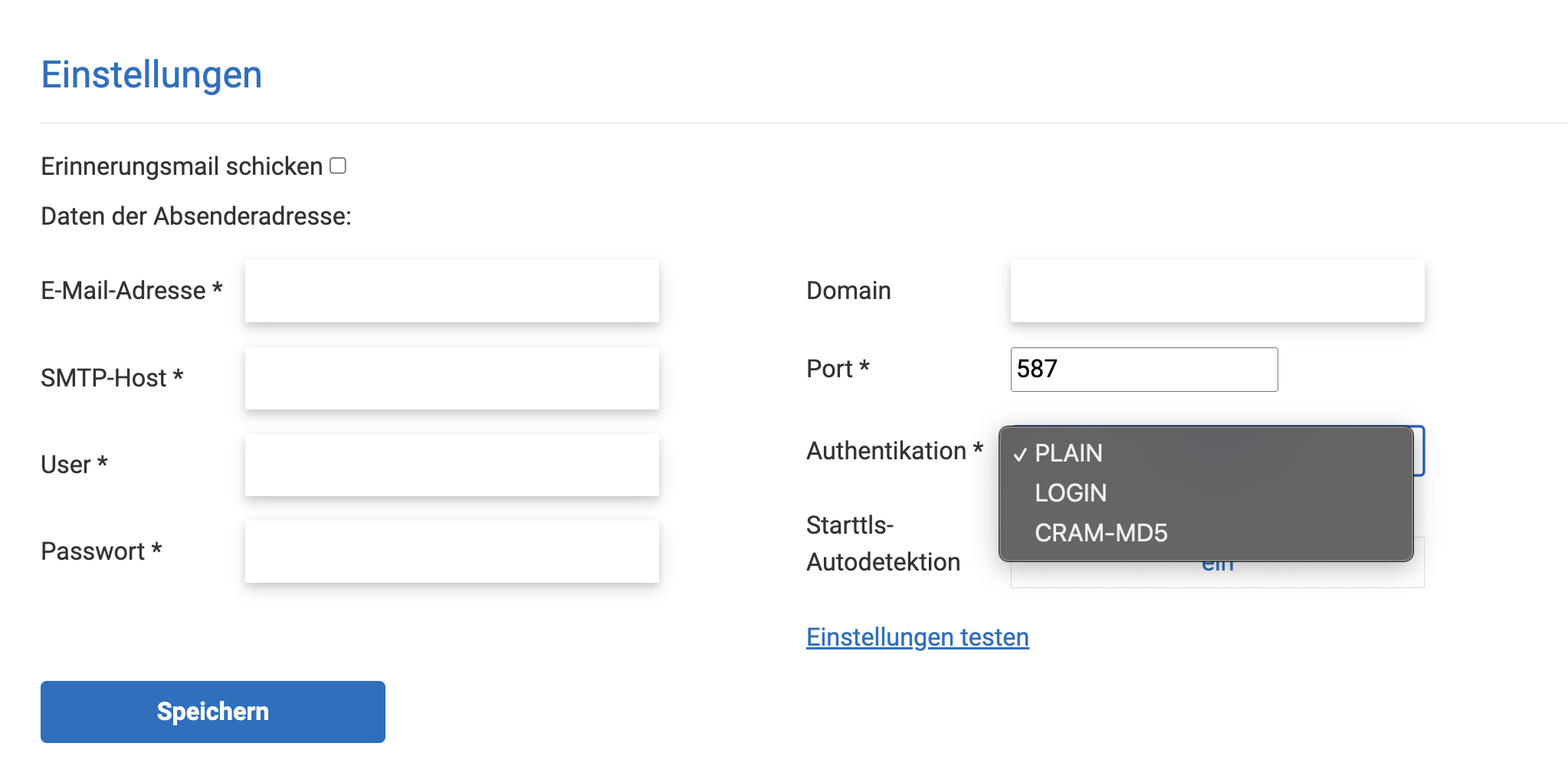 Vorschau der Auswahlmöglichkeiten bei "Authentikation"