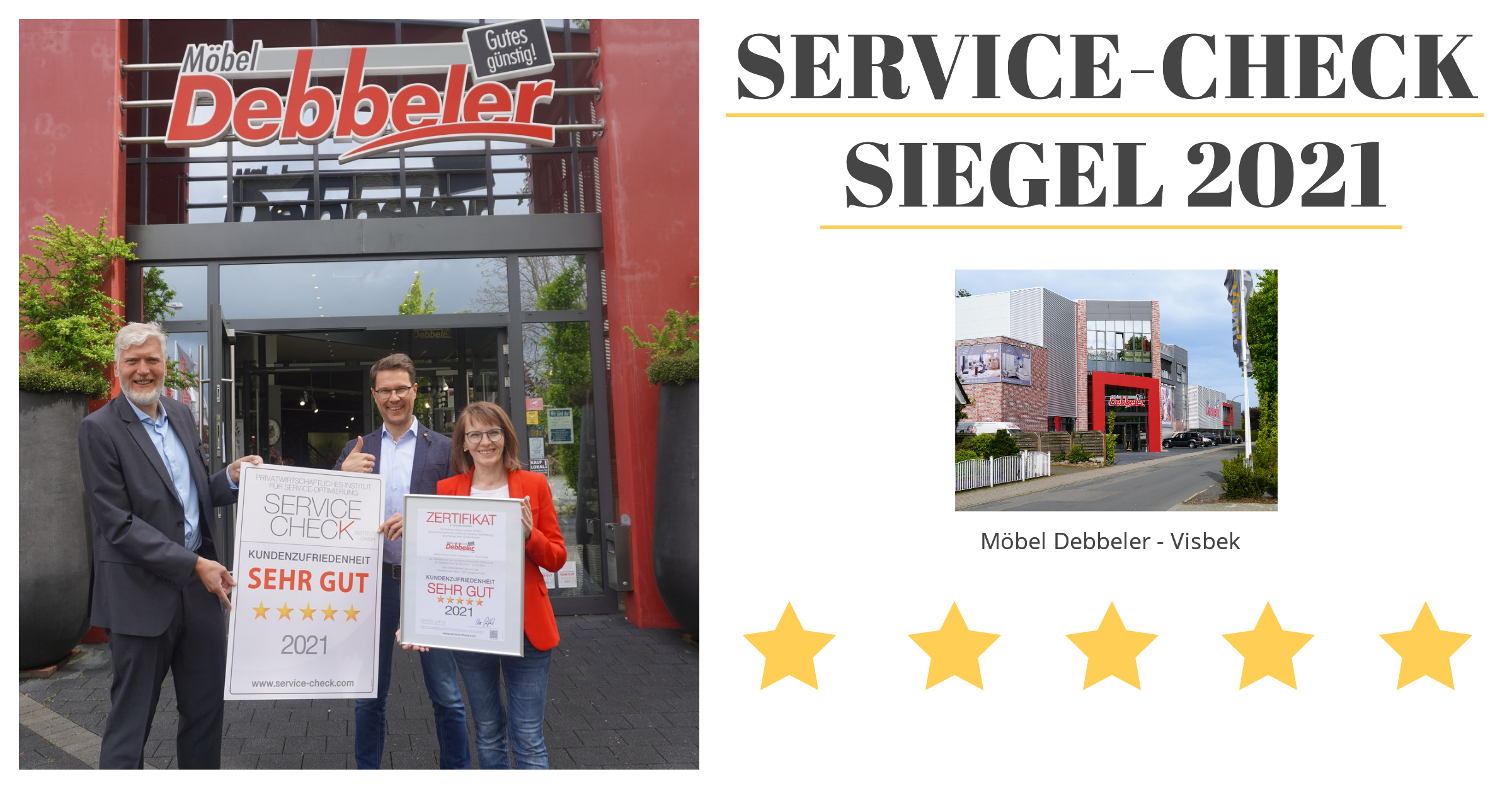 Feierliche Service-Check Siegel Auszeichnung 2021 bei Möbel Debbeler in Visbek! (Personen von l.n.r.: Uwe Gräfrath - Institutsleiter des Service-Check Institut, Georg Debbeler - Geschäftsführer Möbel Debbeler, Bianca Debbeler - Geschäftsführerin Möbel Debbeler)