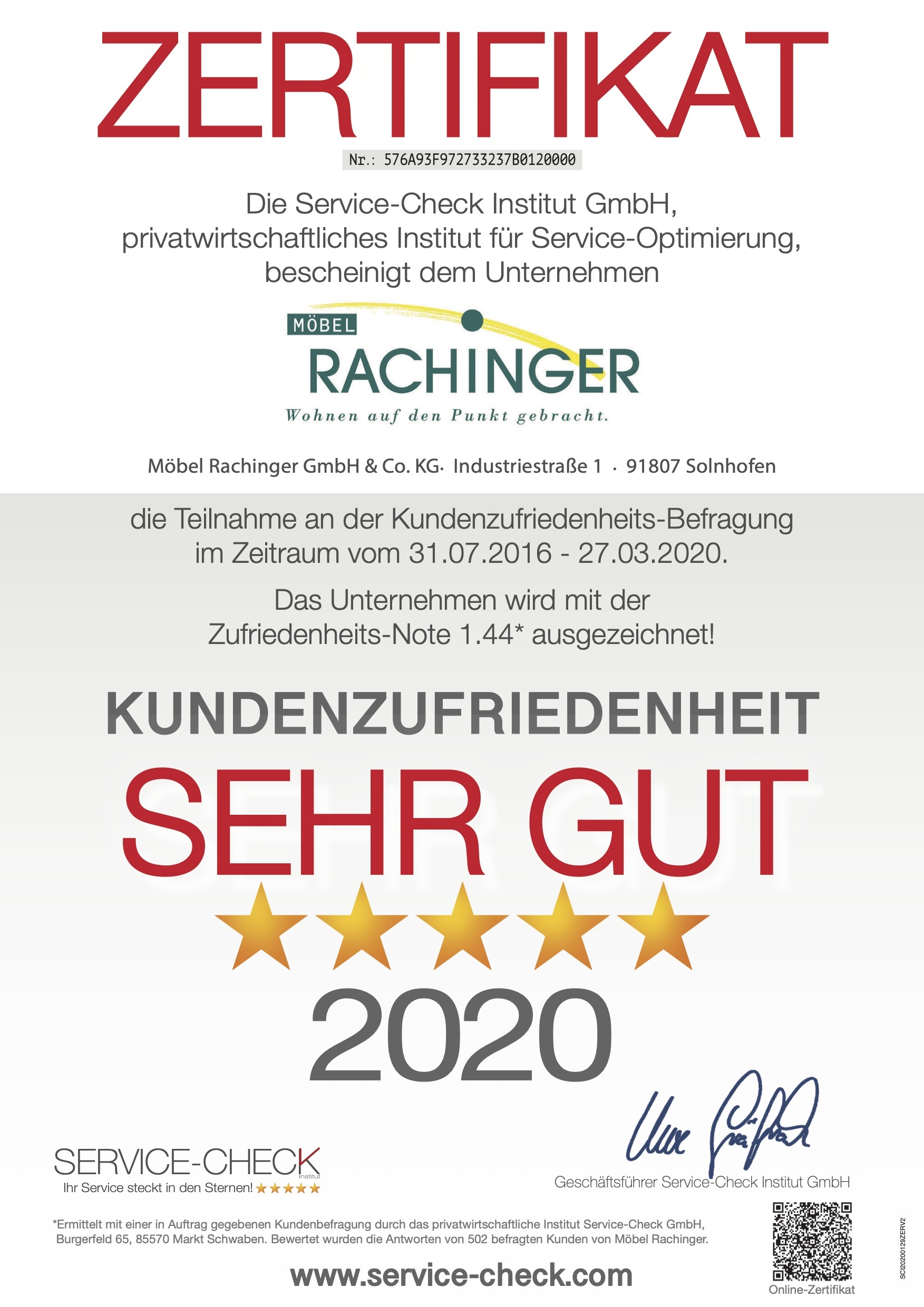 Möbel Rachinger erhält das SERVICE-CHECK-Zertifikat 2020 mit der Gesamtnote von 1,44 