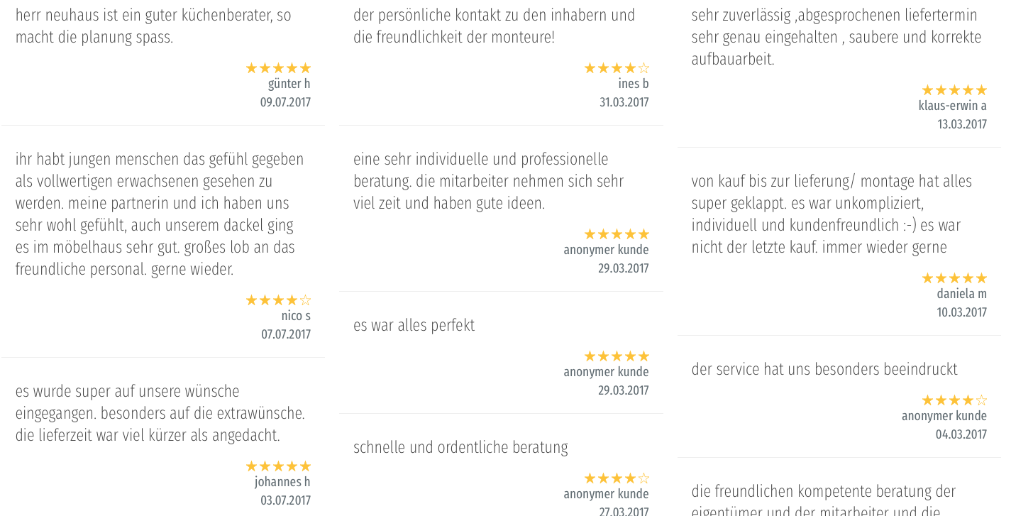 Typische SERVICE-CHECK Bewertungsseite mit positiven Kunden-Kommentaren. (Herzlichen Dank für beispielhaften Service an Möbel Neuhaus in Werne)