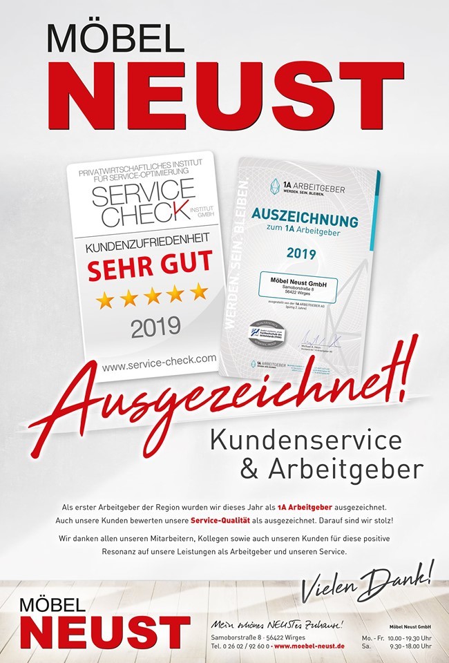 Danke-Anzeige: Möbel Neust bedankt sich bei Ihren Kunden und Mitarbeitern für diese Service-Auszeichnungen