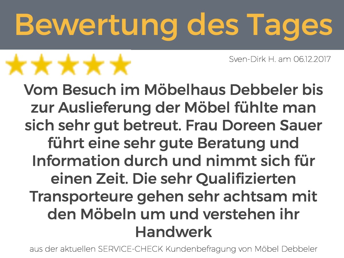 Beispiel einer begeisterten Kundenbewertung das Montage-Team betreffend. (Quelle: Service-Check-Kundenbefragung Möbel Debbeler in Visbek)