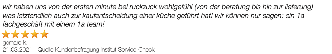 Ausschnitt der begeisterten Kundenmeinungen von RuckZuck Küchen + Möbel