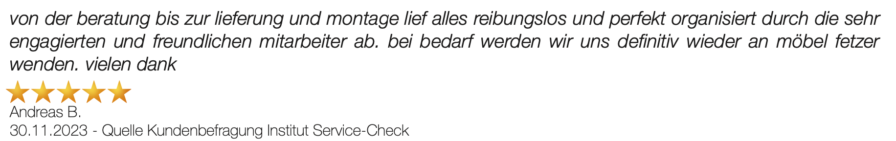 Ausschnitt der begeisterten Kundenmeinungen von Möbel Fetzer in Aldingen