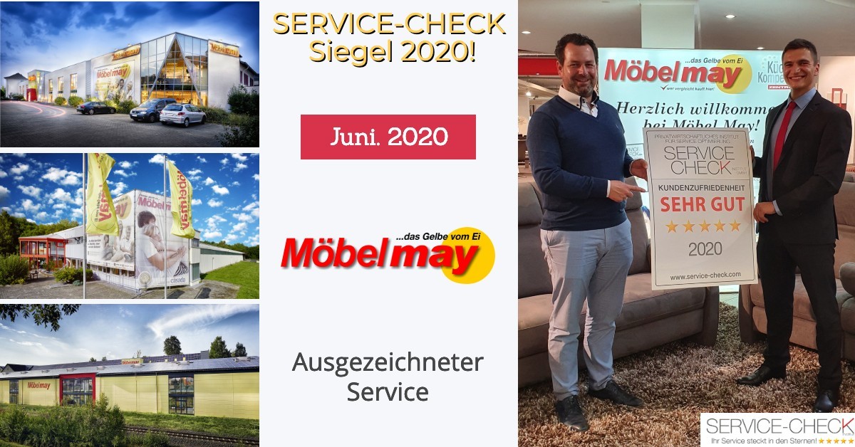 Möbel May in Mayen, Ulmen und Neuwied erhält zum 4. Mal in Folge das Service-Check Siegel mit der Note "Sehr Gut" (Personen von l.n.r.: Herr Christian May - Geschäftsführer von Möbel May, Pablo C. Gräfrath - Prokurist Institut Service-Check)