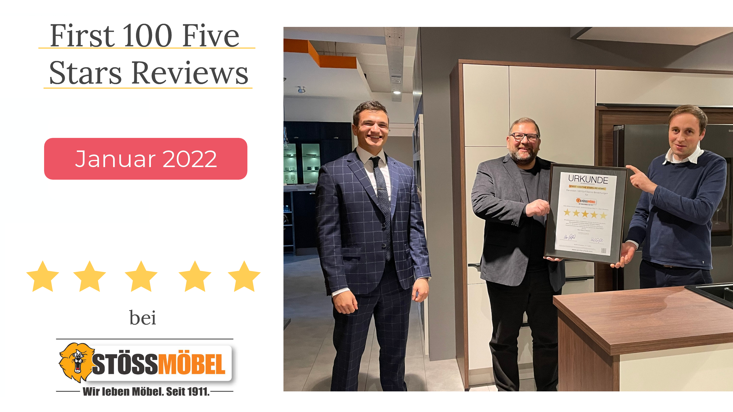Feierliche Übergabe der Urkunde "First 100 Five-Stars Reviews" an Möbel Stöss (Personen von l.n.r.: Pablo C. Gräfrath - Prokurist Institut Service-Check, Carsten Schewe - Verbandsbeauftragter Alliance Möbel, Frederik Stöss - Geschäftsführer Möbel Stöss)