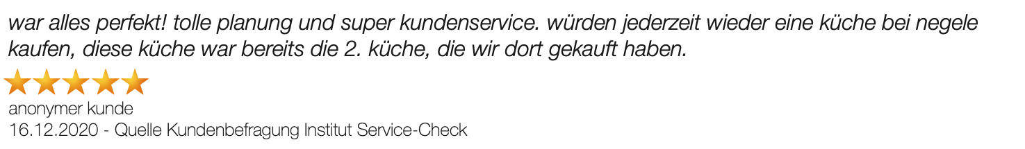 Ausschnitt der begeisterten Kundenbewertungen von Negele - Die Küche