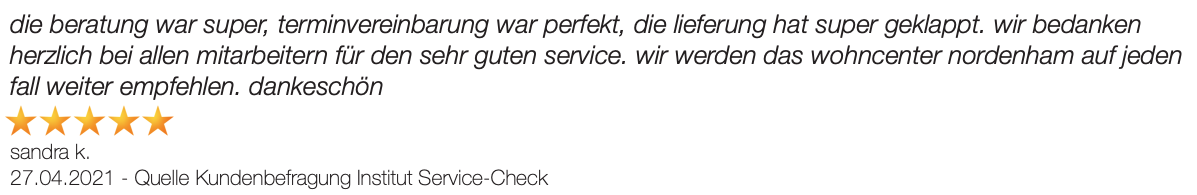 Ausschnitt der begeisterten Kundenmeinungen von Wohncenter Nordenham