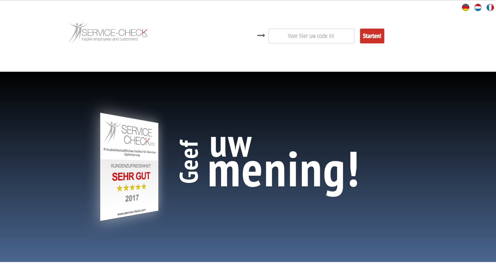 SERVICE-CHECK- Einstiegseite zur Kundenbefragung auf Niederländisch.