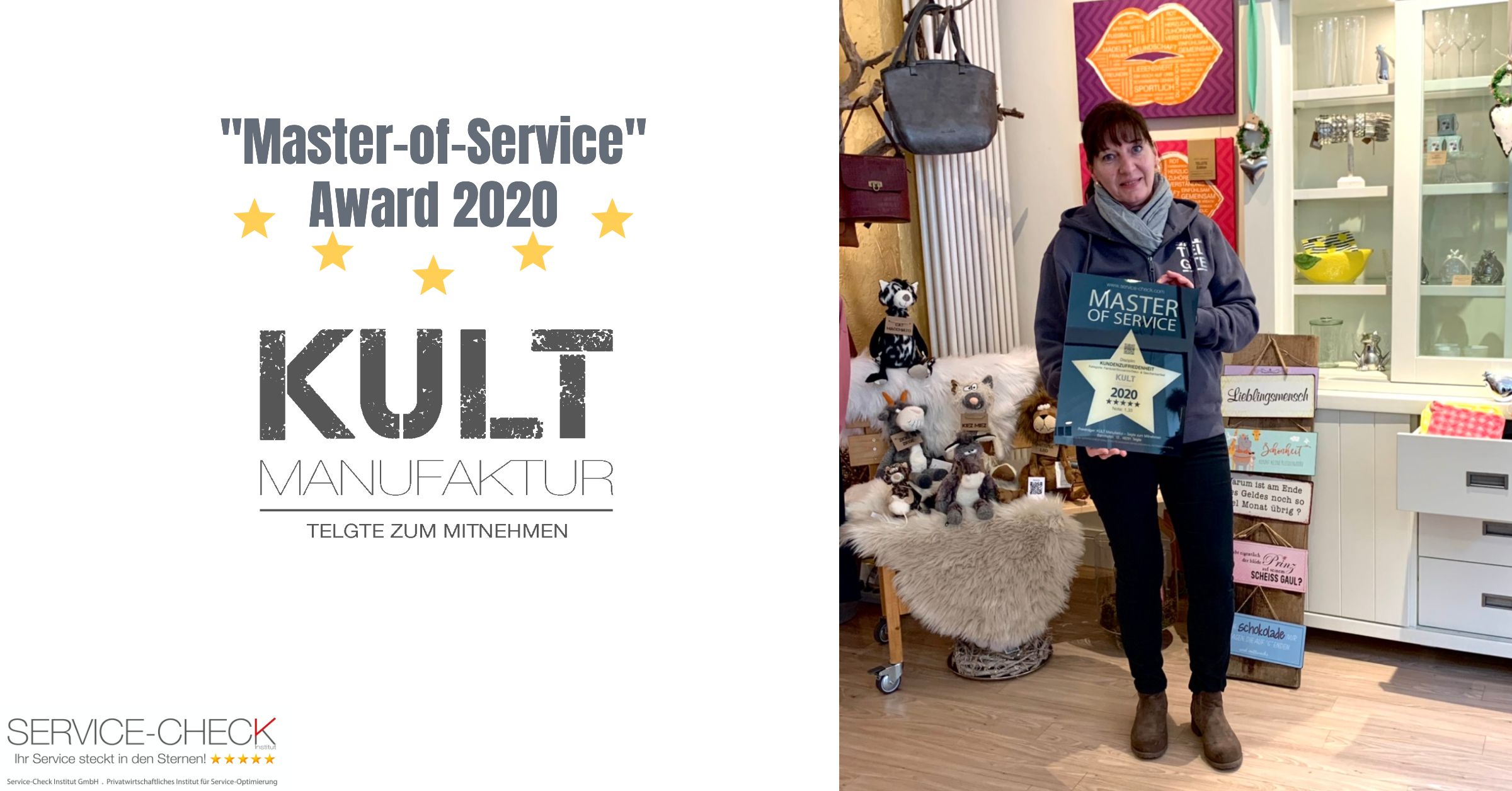 KULT Manufaktur Telgte- Frau Astrid Höing empfängt stolz den "Master-of-Service" Award 2020