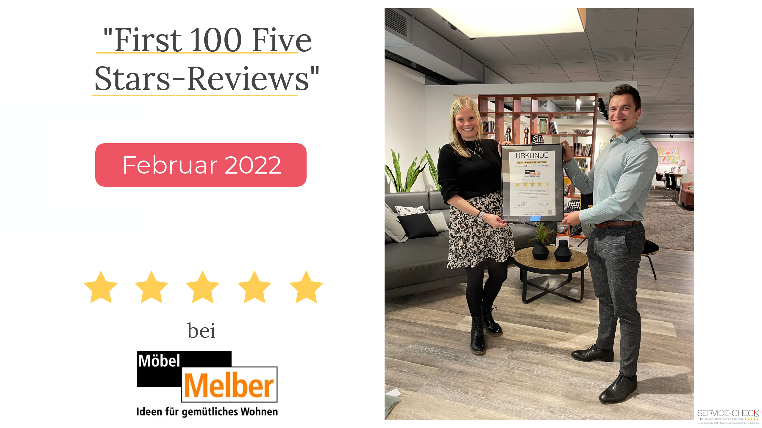 Feierliche Übergabe der Urkunde "First 100 Five-Stars Reviews" an Möbel Melber (Personen von l.n.r.: Irina Melber - Geschäftsführung Möbel Melber, Pablo C. Gräfrath - Prokurist Institut Service-Check)