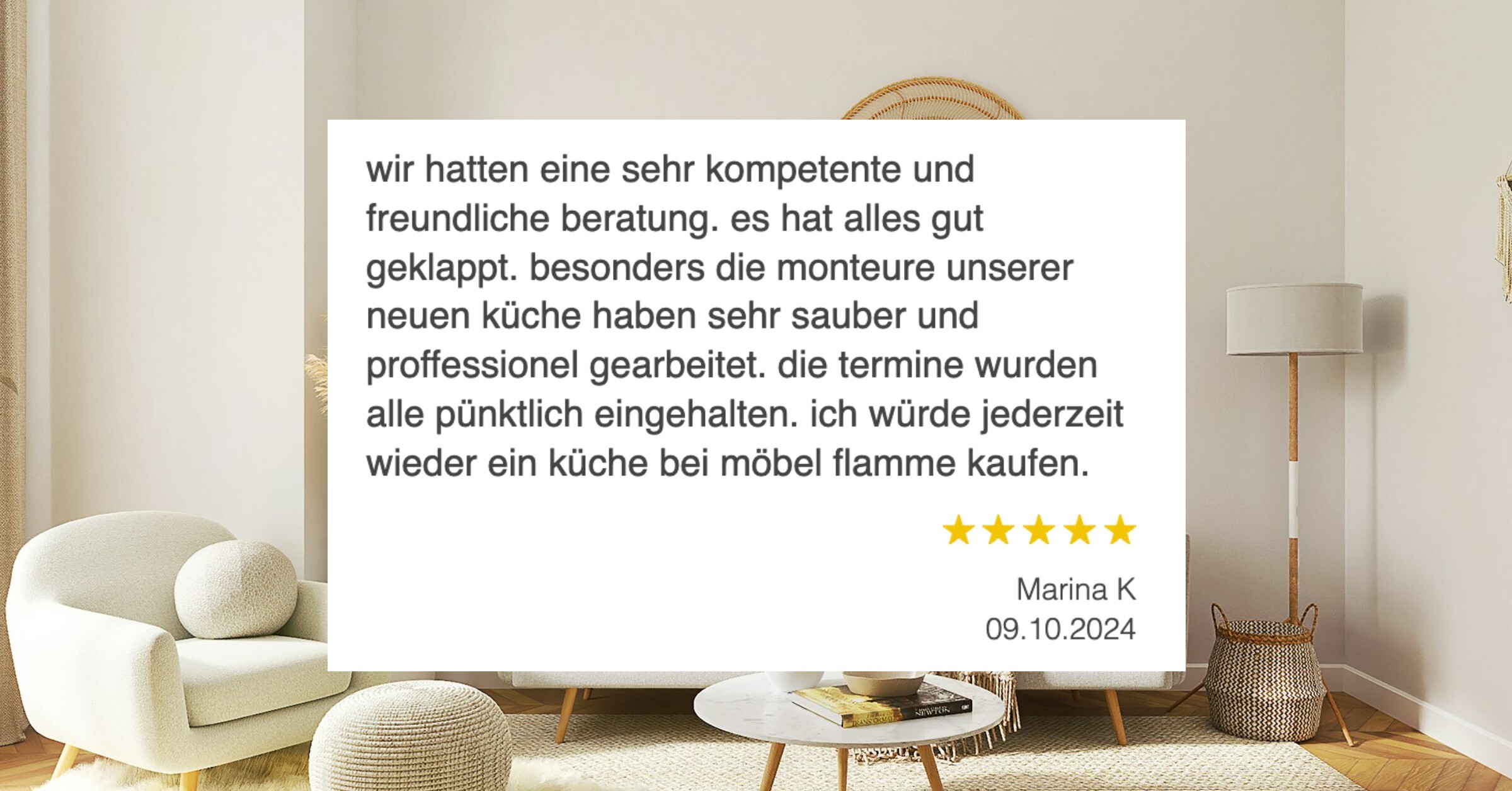 Ausschnitt der begeisterten Kundenmeinungen von Flamme Küchen + Möbel 