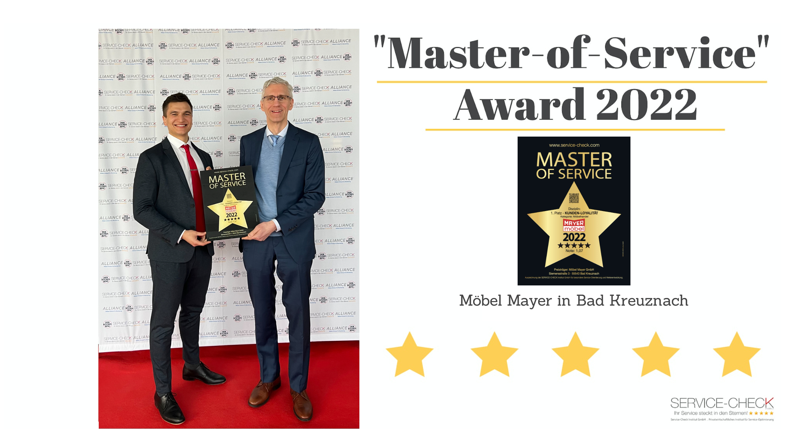 Übergabe des Master-of-Service Award 2022 an Möbel Mayer in Bad Kreuznach (Personen von l.n.r.: Pablo C. Gräfrath - Geschäftsführer Institut Service-Check, Bernhard Mayer - Geschäftsführer Möbel Mayer in Bad Kreuznach)