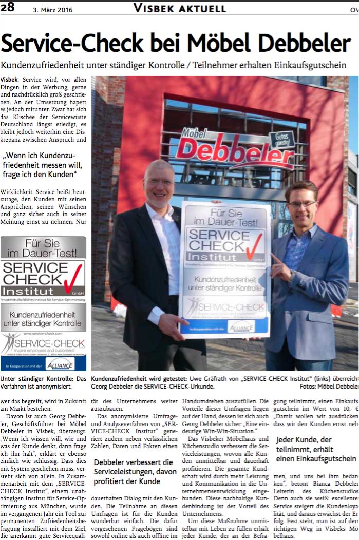 Die Presse berichtet über die Kundenbefragung vom Institut Service-Check bei Möbel Debbeler in Visbek.