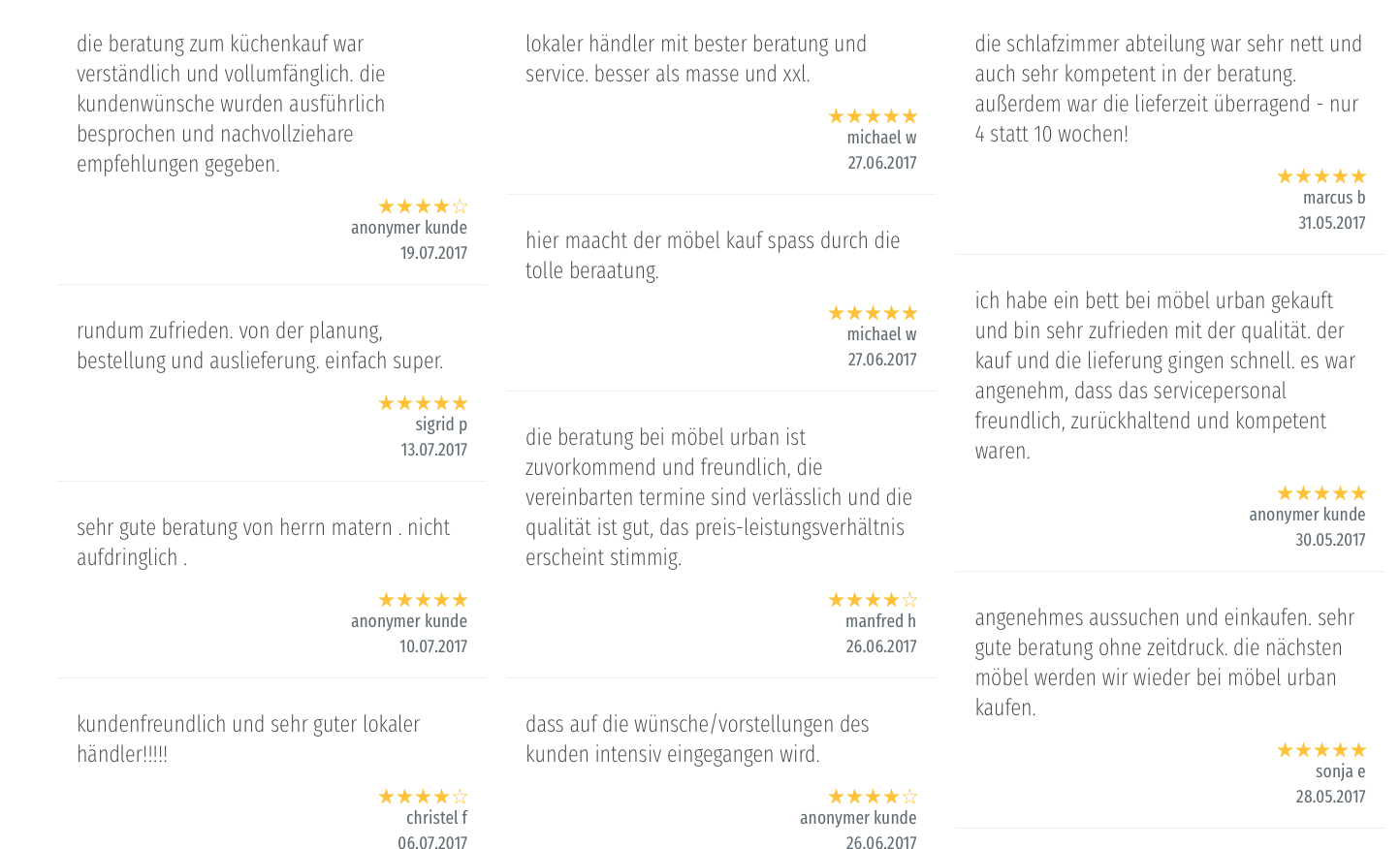 Kundenkommentare geben Interessierten Sicherheit bei der Auswahl des Anbieters! So erhöhen Sie Ihre Auswahl-Wahrscheinlichkeit! (Beispiel-Kommentare Möbel Urban in Bad Camberg)