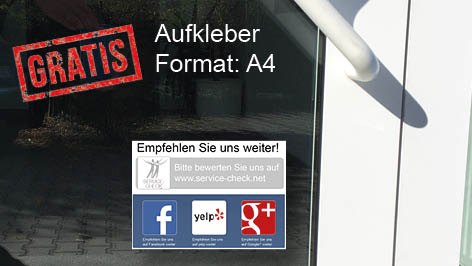 Mit diesem Aufkleber motivieren Sie an prominenten Stellen am POS (wie z.B. Eingangstüren) Ihre Kunden Ihr Unternehmen zu bewerten.