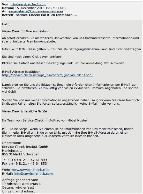 Muster einer Newsletter-Bestätigung an Ihren Kunden.