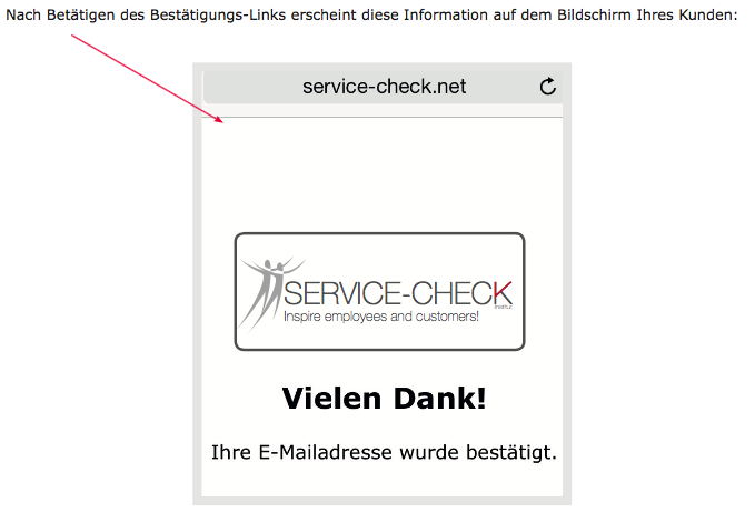 Bildschirm-Anzeige nach Double-OptIn-Bestätigung.
