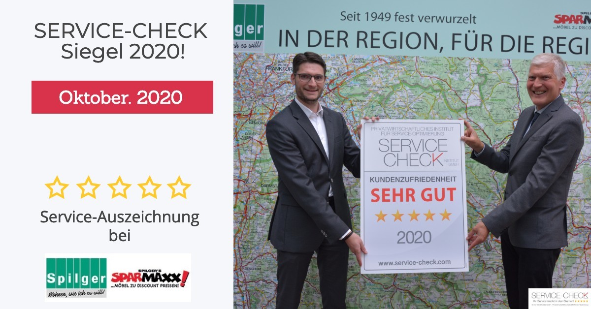 Die feierliche Auszeichnung von Wohn-Center Spilger & Spilger´s Sparmaxx (Personen von l.n.r.: Herr Bernd Spilger - Geschäftsführer Wohn-Center Spilger & Spilger´s Sparmaxx, Herr Uwe Gräfrath - Geschäftsführer Institut Service-Check)
