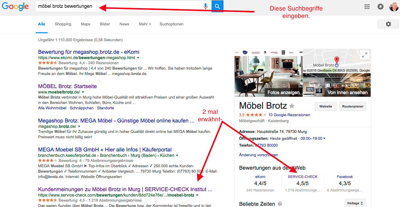 Google-Suche am Beispiel Möbel Brotz mit den Suchbegriffen "Möbel Brotz Bewertungen"