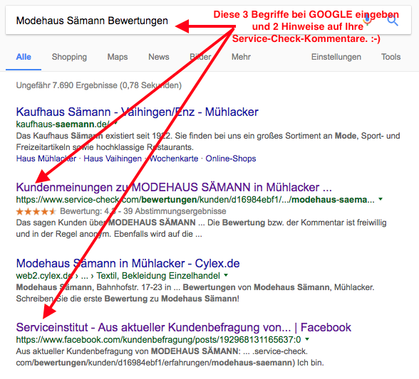 Google-Suche am Beispiel Modehaus Sämann mit den Suchbegriffen "Modehaus Sämann Bewertungen" - 2 malige Erwähnung - Bewertungs-Seite plus Facebook