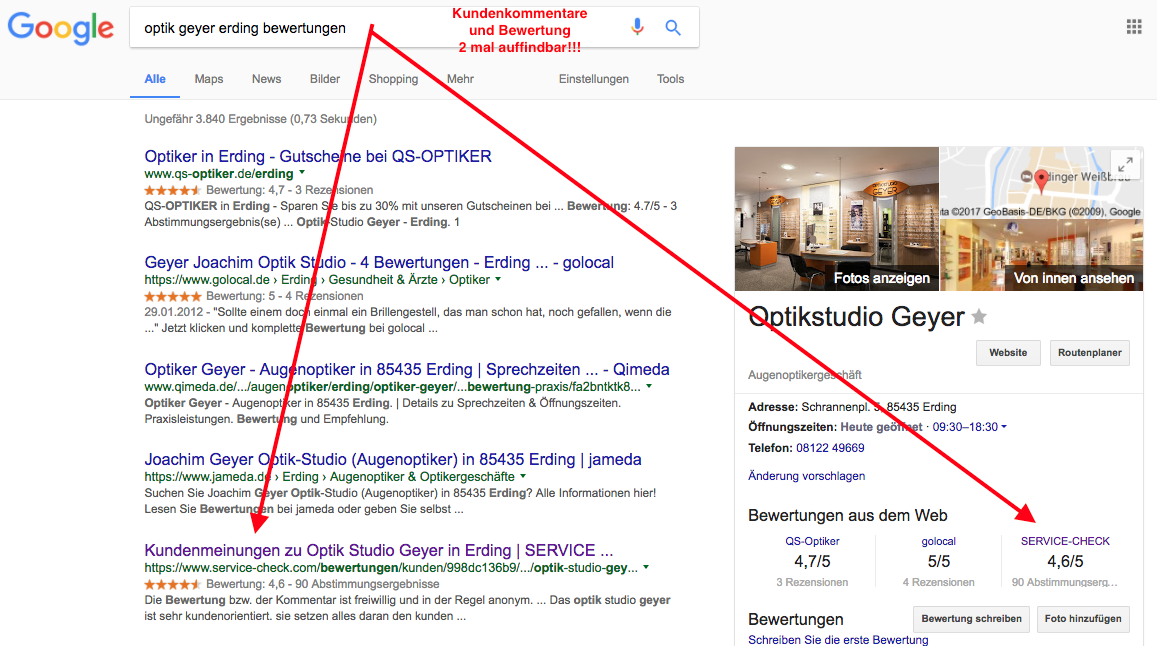 Google-Suche am Beispiel Optik Geyer - 2 malige Erwähnung 1x organische Suche und 1x Google-Box "Bewertungen aus dem Web"