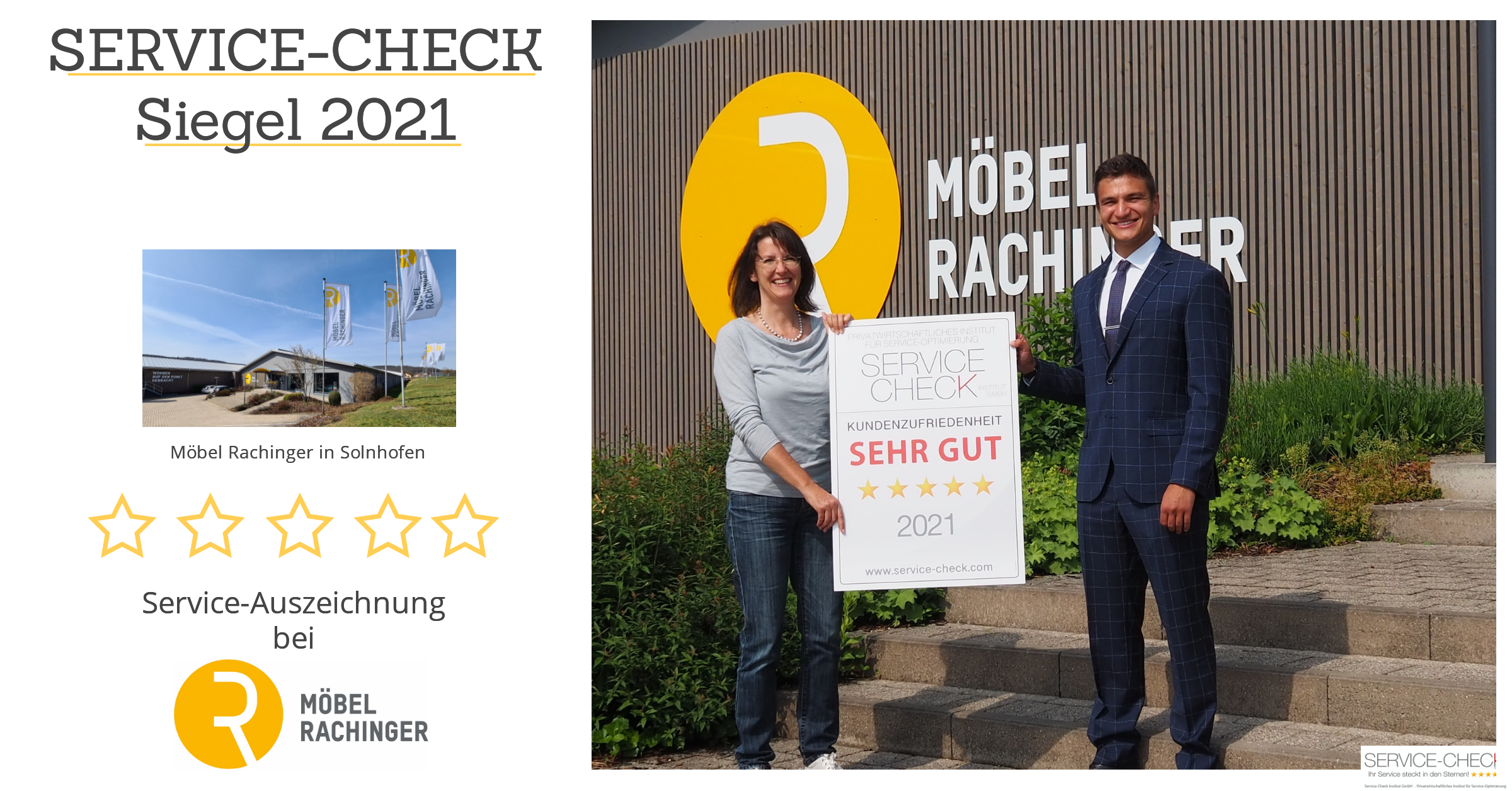 Möbel Rachinger Solnhofen - Geschäftsführerin Brigitte Güllich empfängt stolz das SERVICE-CHECK Siegel 2021 (Personen von l.n.r.: Brigitte Güllich - Geschäftsführerin von  Möbel Rachinger, Pablo C. Gräfrath - Prokurist vom Institut SERVICE-CHECK)