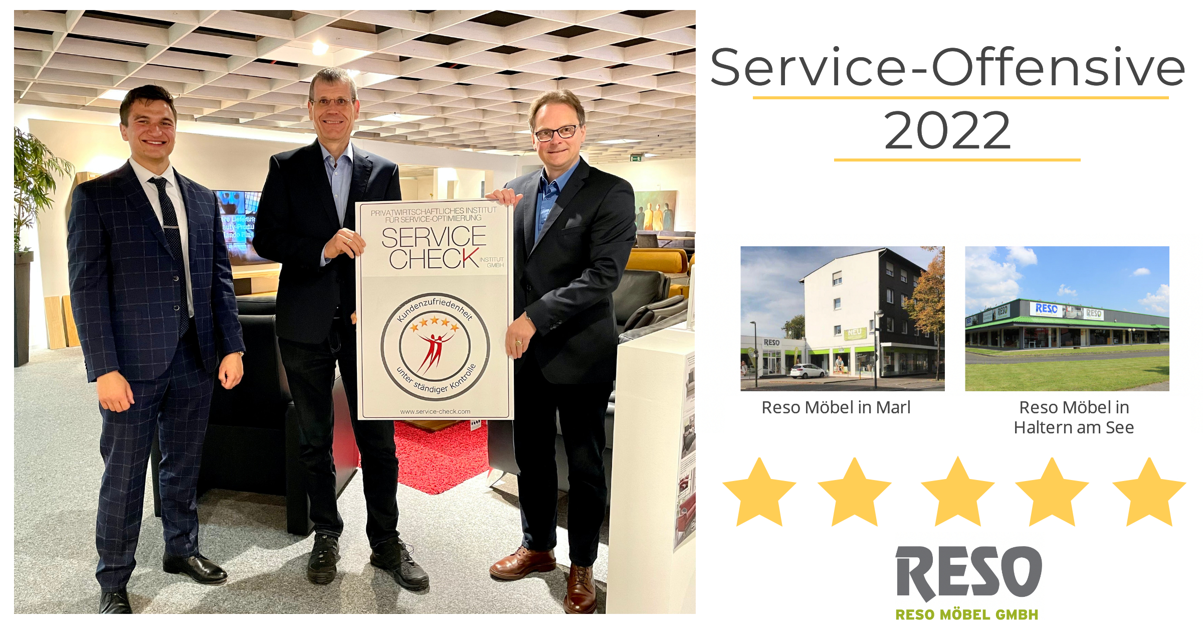 Reso Möbel & Küchen In Haltern am See und in Marl startet den Service-Check (Personen von l.n.r.: Pablo C. Gräfrath - Institut Service-Check, Stephan Bernemann - Reso Möbel, Marc-Michael Rohde - Reso Möbel)
