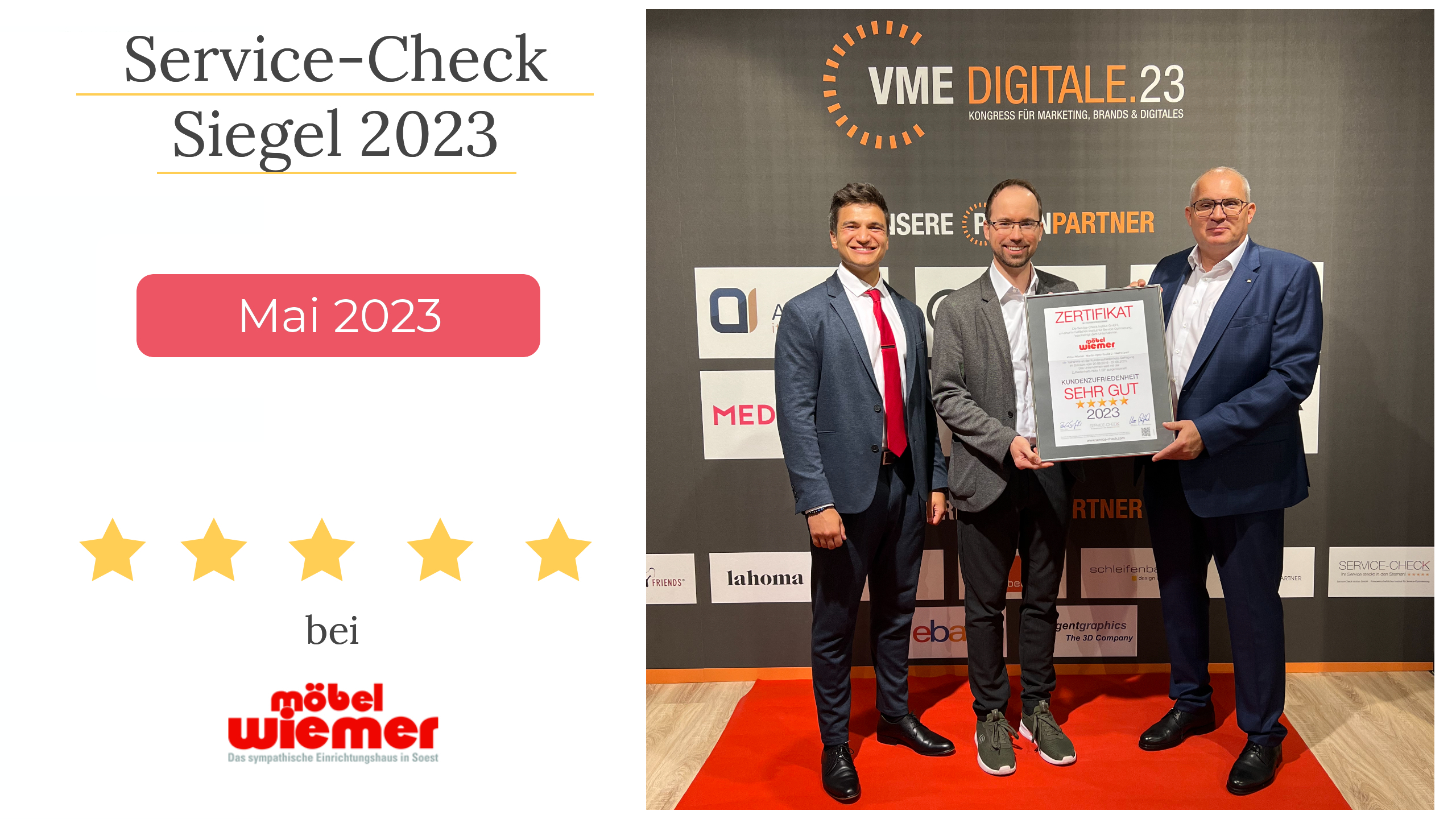 Feierliche Auszeichnung von Möbel Wiemer mit dem Service-Check Siegel 2023 auf dem VME-Digitalkongress in Bielefeld (Personen von l.n.r.: Pablo C. Gräfrath - Geschäftsführer Institut Service-Check, Christian Kanne - Geschäftsführer Möbel Wiemer, Frank Stratmann - Geschäftsführer VME Einrichtungsgruppe)