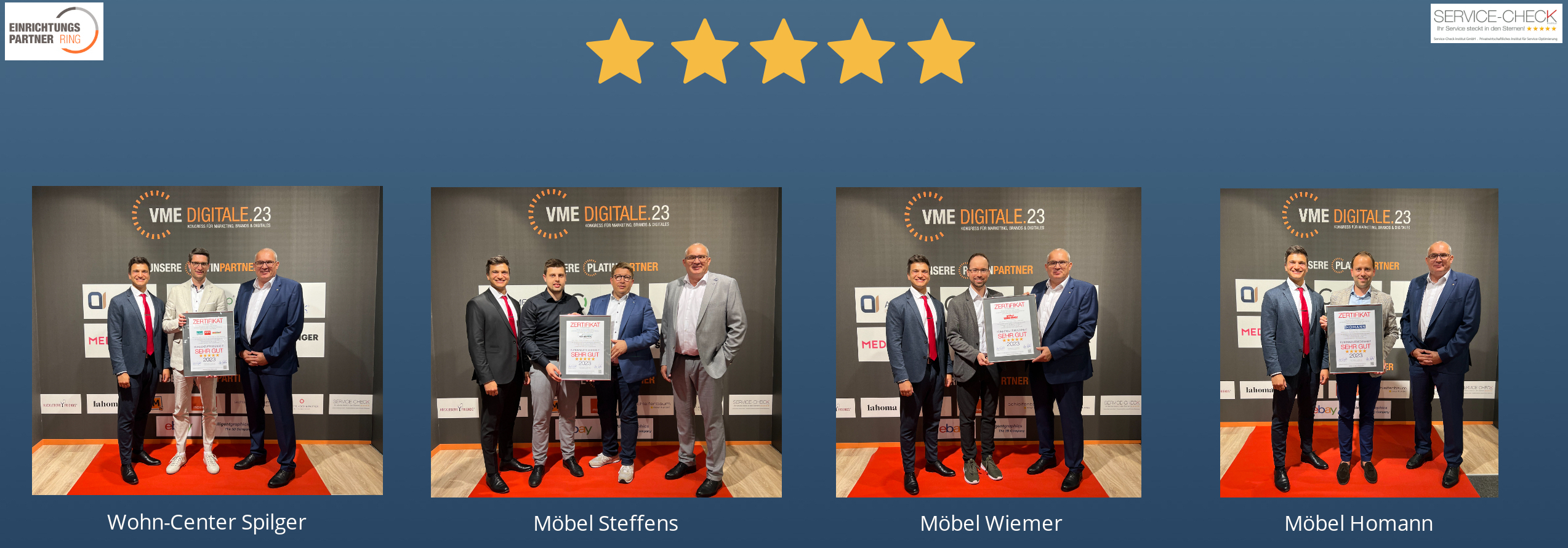 Ausschnitte der feierliche Auszeichnung von VME-Händlern mit dem Service-Check Siegel 2023 auf dem VME-Digitalkongress in Bielefeld