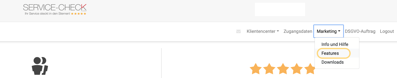 Bitte klicken Sie auf den Reiter "Marketing" - auf den Unterpunkt "Features"