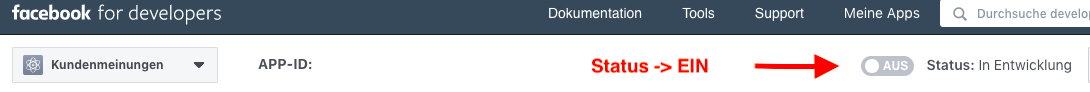 In der oberen Leiste Status der App "EIN" - schalten und App veröffentlichen