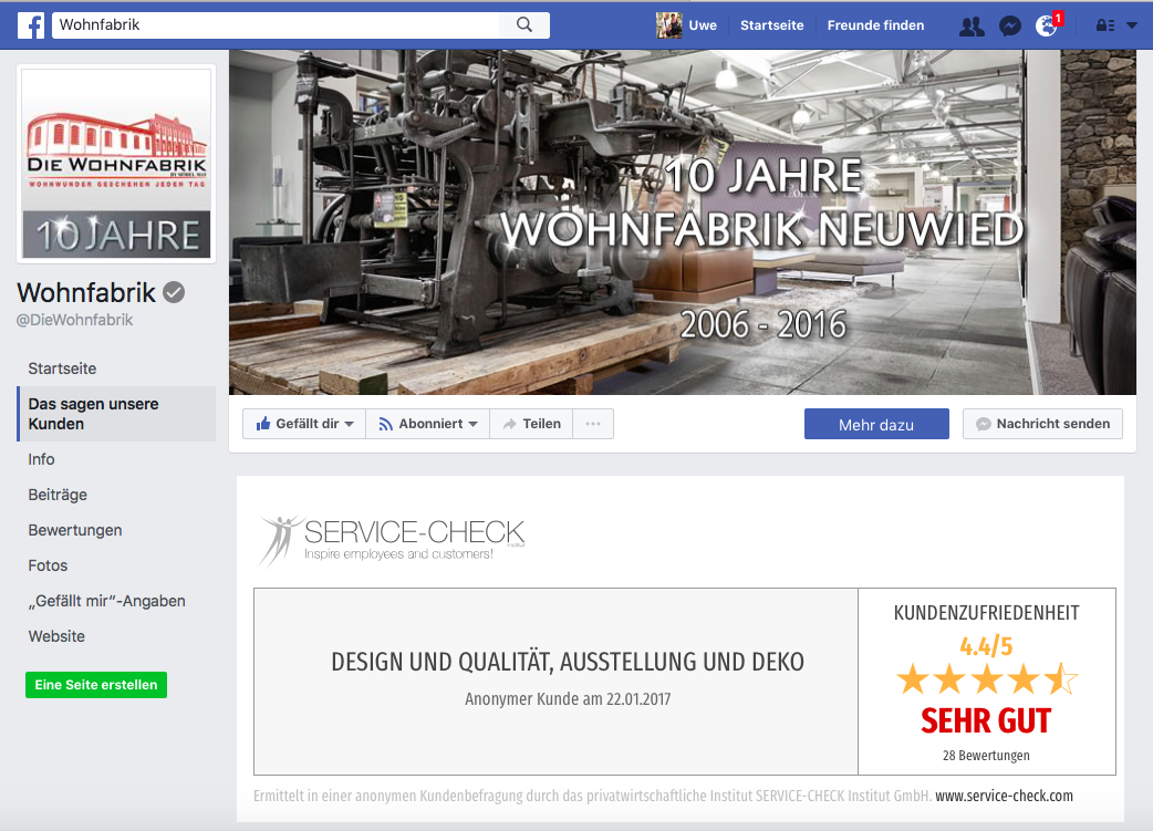 Auch für dieses Beispiel herzlichen Dank an unseren Klienten "Die Wohnfabrik" in Neuwied. Hier sehen Sie eine andere Seiten-Tab-Variante "Das sagen unsere Kunden".