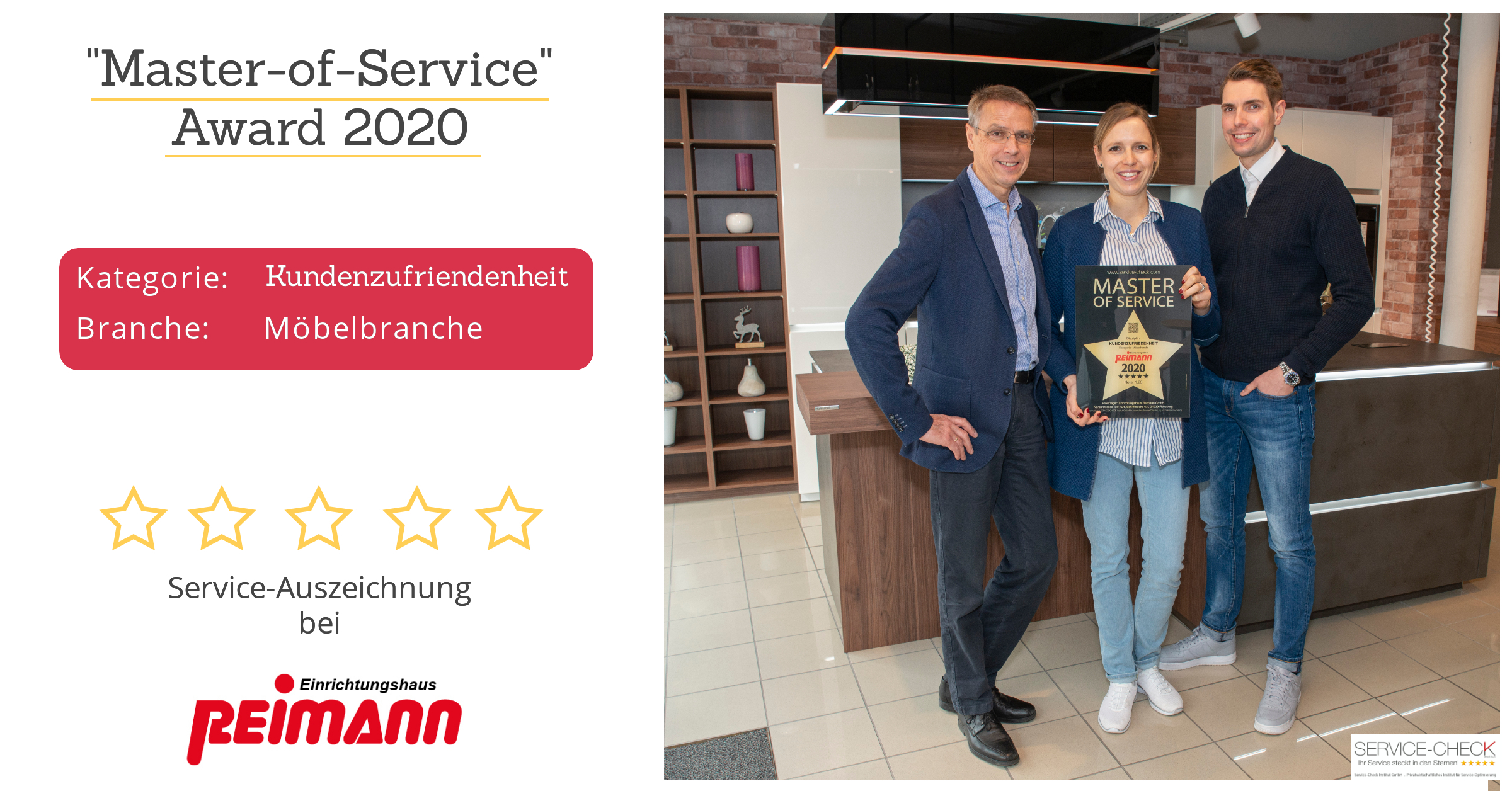 Familie Reimann empfängt stolz den "Master-of-Service" Award 2020  (Personen v. l.n.r.: Bernt Reimann -Geschäftsführer, Carina Reimann - Leitung Marketing, Carsten Reimann - Geschäftsführer)