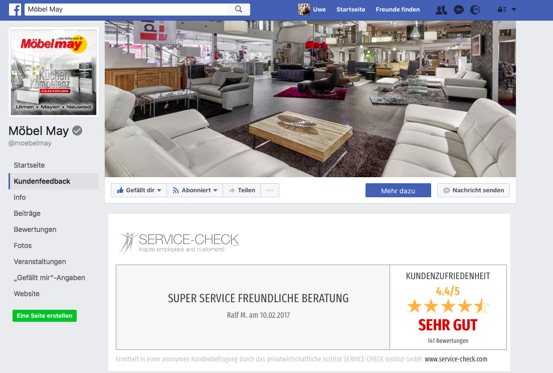 So platzieren Sie eindrucksvoll die Bewertungen und Kommentare auf Ihrer facebook-Seite. Herzlichen Dank an unseren Klienten Möbel May für dieses Beispiel. Bitte beachten Sie: Hier wurde die Seiten-Tab-Bezeichnung "Kundenfeedback" gewählt.