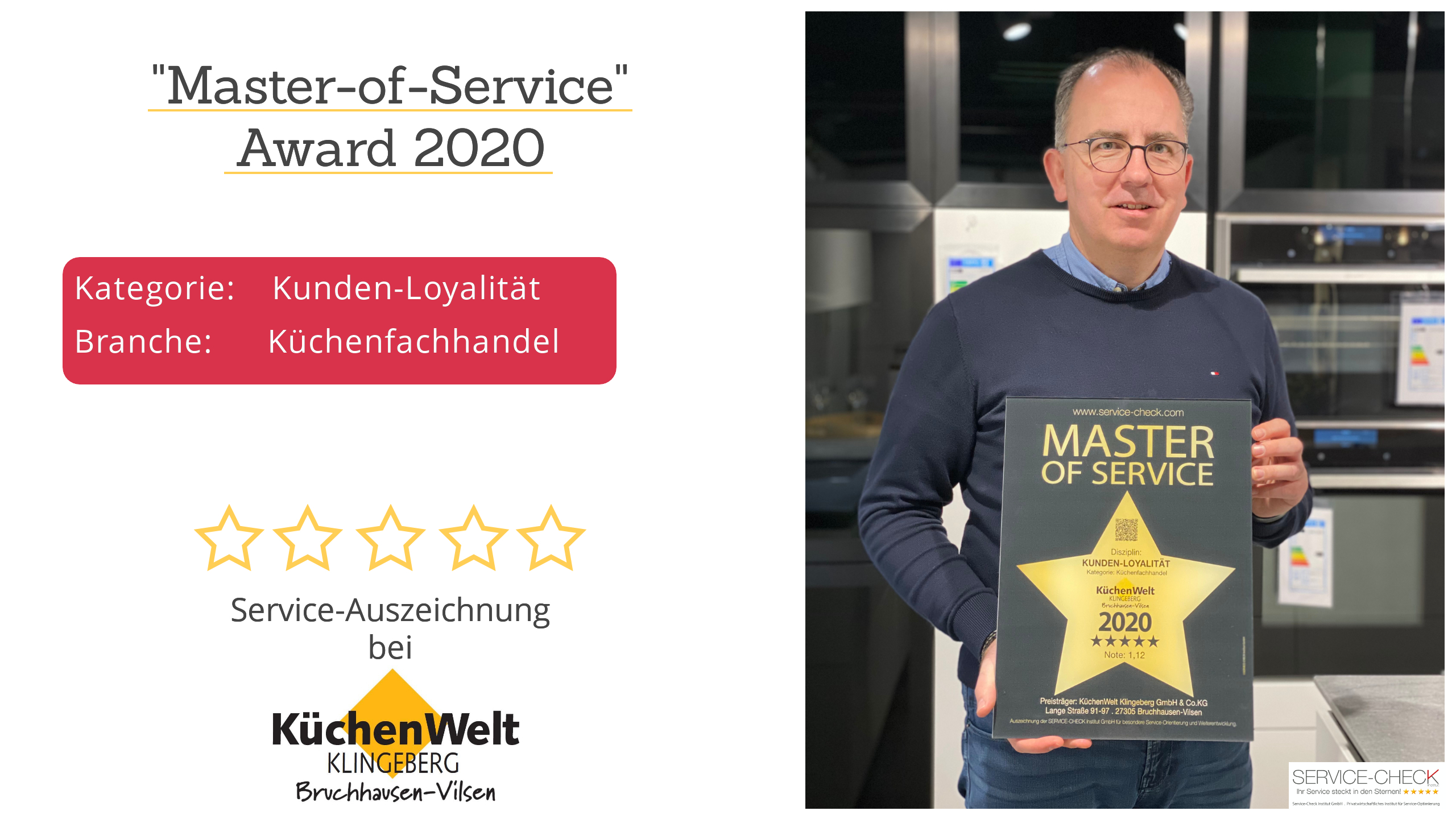 KüchenWelt Klingeberg- Inhaber Hilmer Behrens empfängt stolz den "Master-of-Service" Award 2020